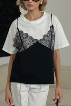 Fashionable Lace Patchwork Loose-fitting Round Neck Short-sleeved T-shirt