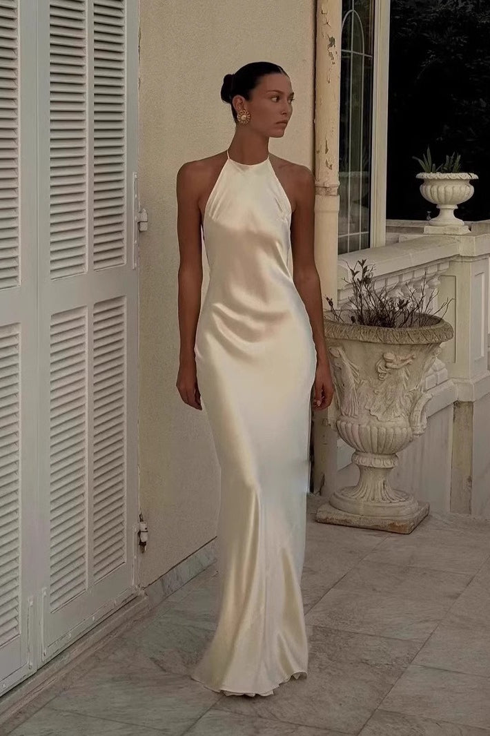 Backless Halter Camisole Satin Like Formal Dress