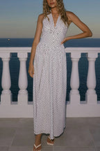 Polka Dot Print Halter Neck Fitted Waist Holiday Maxi Dress