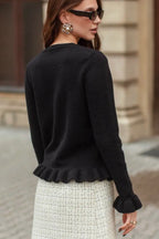 Crew Neck Layered Trim Long Sleeve Casual Knit Cardigan