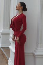 Deep V-Neck Solid Long-Sleeve Slim Fitted Party Dress