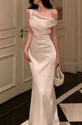 Satin Asymmetrical Cowl Neck Mermaid Gown Silk Dress