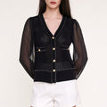 Black Sheer Long Sleeve Pointelle-Knit Cardigan With Gold Buttons
