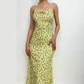Flower pattern halter cowl neck slit self tie backless midi dress