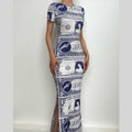 Print crewneck short sleeve slit midi dress