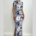 Print crewneck short sleeve slit midi dress