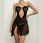 Ruched ruffle slit sheer mesh hollow out cami mini dress