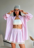 Pink Pinstripe Oversized Shirt & Lace-Trim Shorts Set – 2-Piece Women’s Outfit