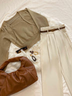 Dark Khaki Wool-Blend Strap Detail Asymmetric Neck Sweater