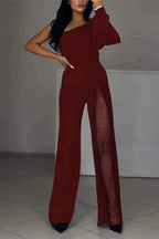 Stylish One Shoulder Slit Long Sleeve Mesh Splice Wide Leg Jumpsuit