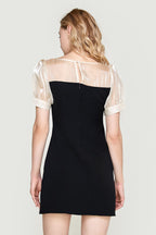 Black Draped Contrast Mesh Mini Dress