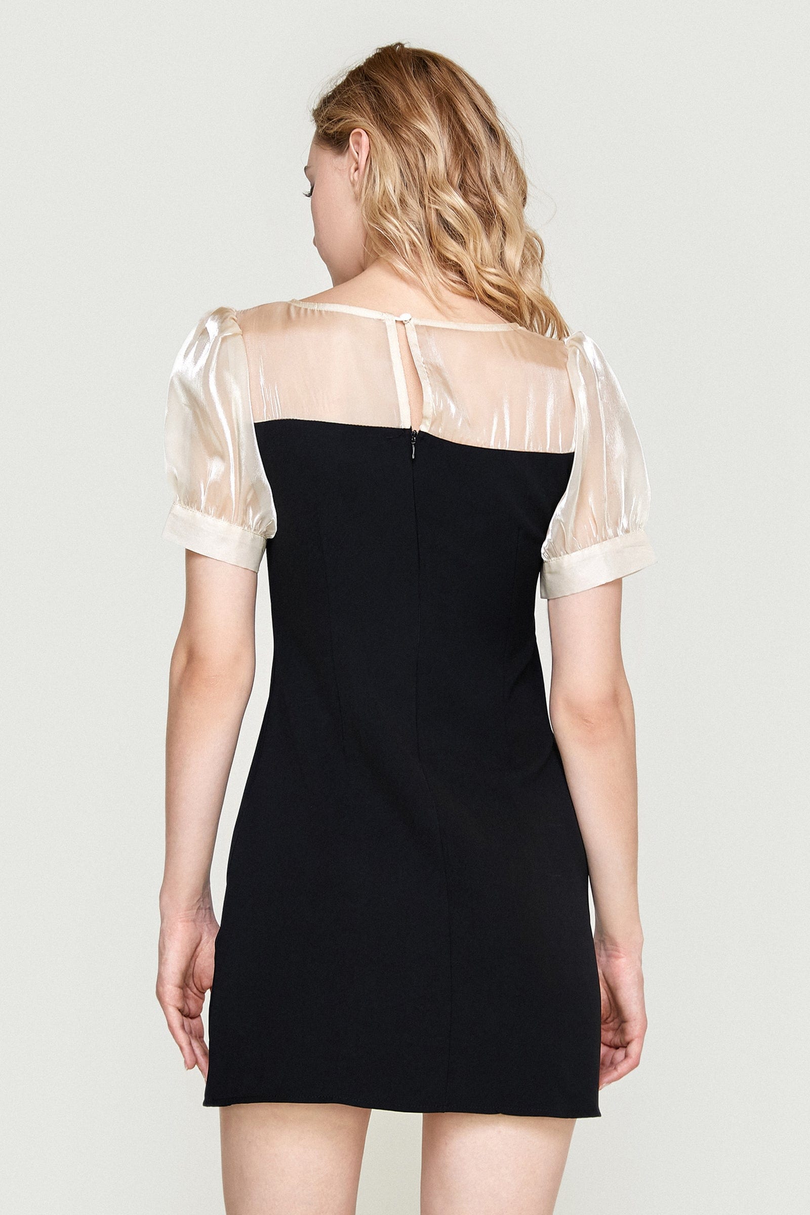 Black Draped Contrast Mesh Mini Dress