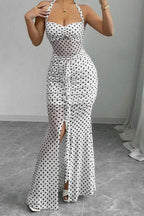 Polka Dot Backless Cami Mesh Maxi Dress