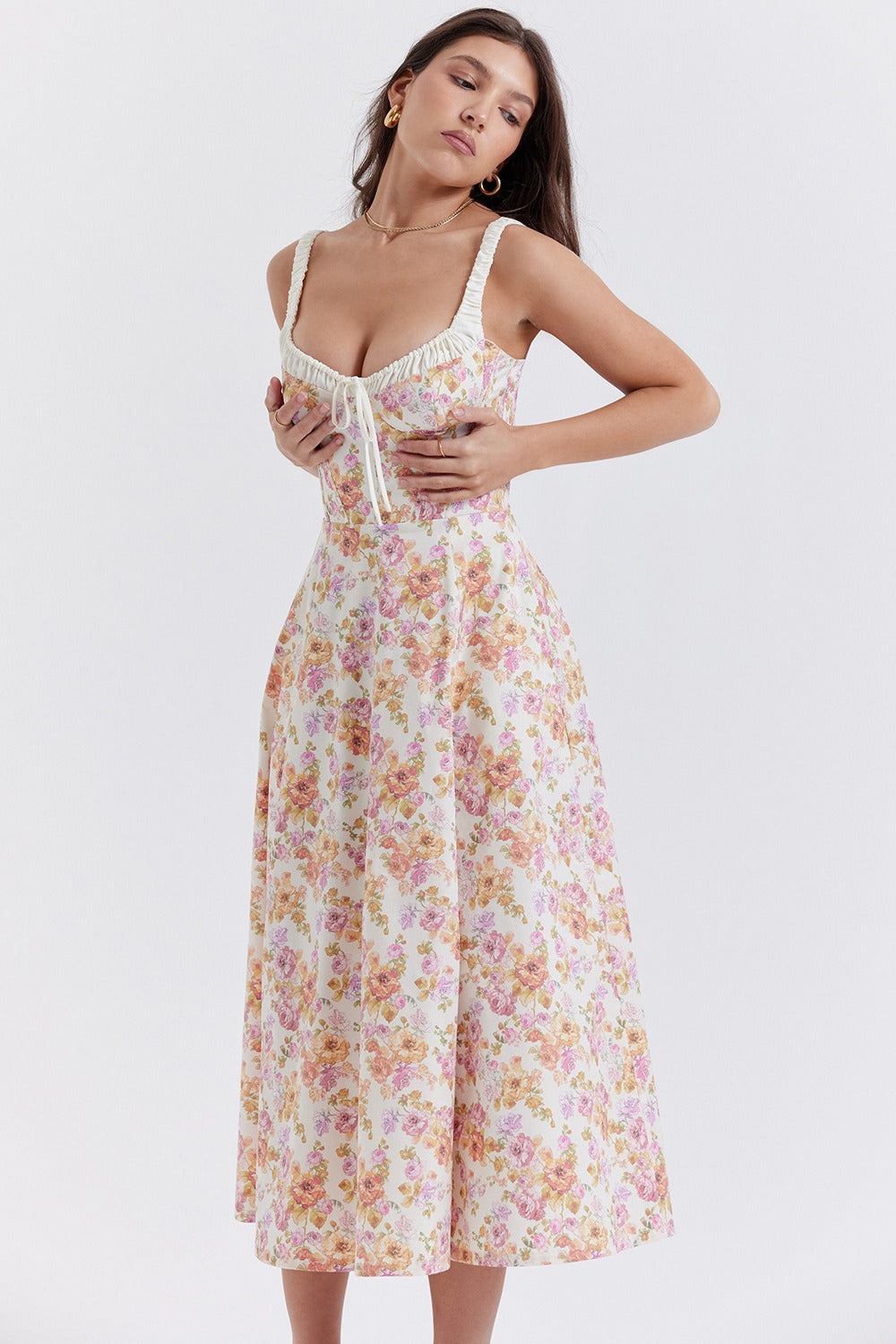 Strap Slit Fit Flare Floral Dress