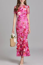 Tulle 3D Floral Embroidered Form-Fitting Midi Dress