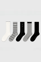 5 Pack Striped Polka Dot Ribbed Cuff Micro Mesh Cotton Socks