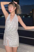 Sequin Halter Slit Party Dress