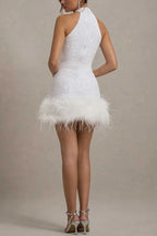 Kate Minimalist Iridescent and Playful Stretch Mini Dress with High Neck Sequin Trim and Feather Statement Occasion Edit