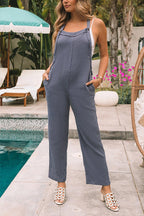 Gray Distressed Trim Crinkle Pocketed Jumpsuit