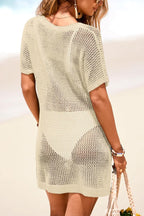 Floral-decorated V-neck Short-sleeved Crochet Cover-up Vacation Mini Dress