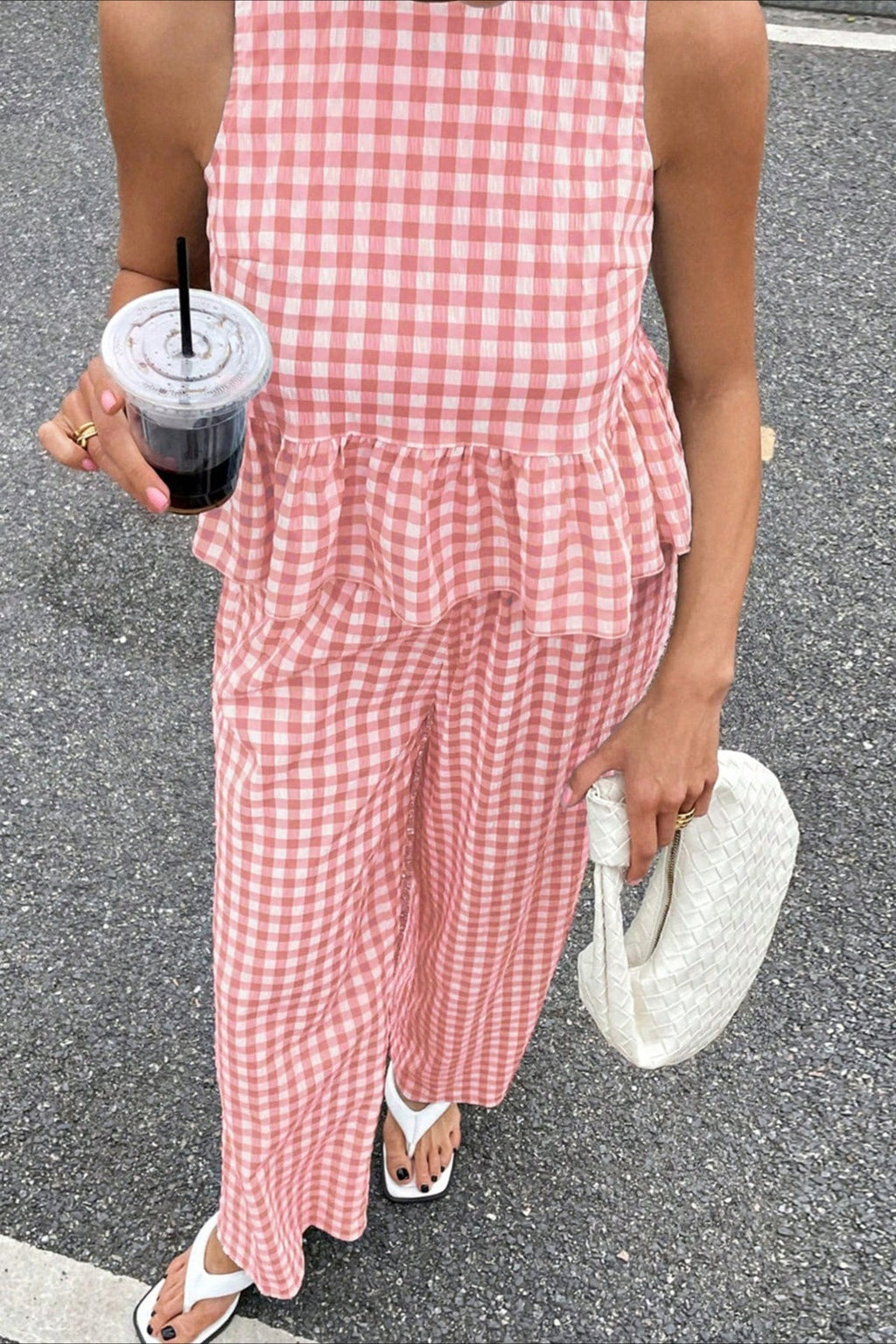 Plaid Ruffle Hem Round Neck Sleeveless Skirt Set