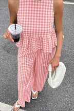 Plaid Ruffle Hem Round Neck Sleeveless Skirt Set