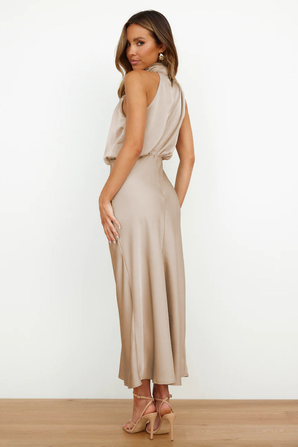 Vanessa Effortless Long Satin Dress with American Neckline Designer Edit