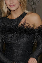 Cold Shoulder Feather Trim Shimmery Asymmetric Mini Dresses-Black [Pre Order]