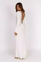 Knit Backless Tie Waist Long Sleeve Bodycon Dress