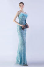 Ostrich Feather Embellished Maxi Dress