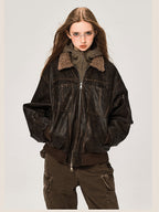 PU Leather Jacket with Lamb Wool Collar