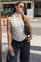 Polka Dot Halter Backless Tie Shoulder Crop Top