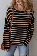 Black Stripe Drop Shoulder Round Neck Loose Sweater