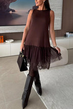 Upper East Chic Tulle Lace Tiered Hem Stretch Tank Midi Dress
