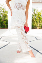 Chic Summer Floral Lace Sleeveless Midi Top and Elastic Waist Loose Pants Set
