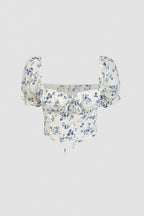 Ivory Floral Print Square Neck Cropped Blouse