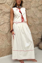 Sunny Day Linen Blend Contrast Embroidered Print Scallop Trim Lace-up Top