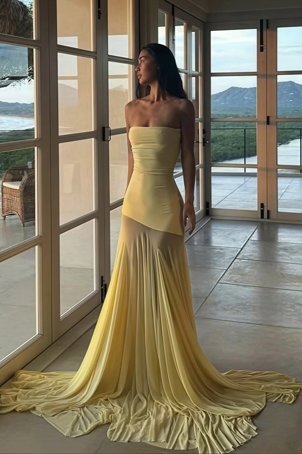 Solid Slim Patchwork Sheer Strapless Maxi Dress