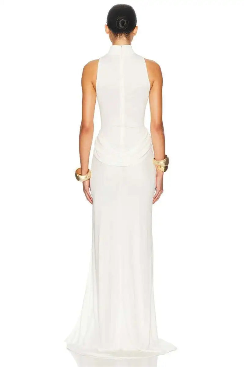 Turtleneck Off Shoulder Sleeveless Pleated Maxi Dress