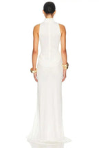 Turtleneck Off Shoulder Sleeveless Pleated Maxi Dress
