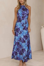 Floral Print Sleeveless Halter Neck Tie Holiday Maxi Dress