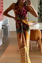 Naturally Inspired Satin Unique Floral Print Twist Waist Slit Drape Maxi Dress