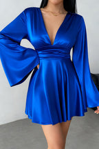 Solid Color V-neck Flared Long Sleeves Slim-fit Elegant Mini Dress