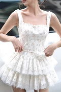 Square Neck Lace Layered Mini Floral Dress