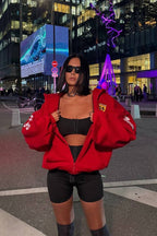 Oversized Zip-Up Logo Letter Print Hoodie