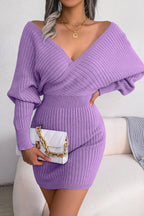 Cross V-Neck Batwing Fitted Sweater Dress