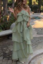 Romantic Summer Chiffon Tiered Ruffle Deep V-Back Halter A-line Maxi Design