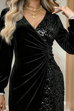 Fashionable Velvet Sequined V-neck Long-sleeved Slim-fit Mini Dress