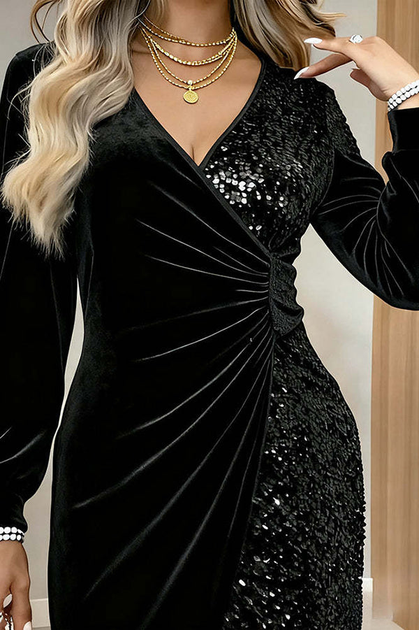 Fashionable Velvet Sequined V-neck Long-sleeved Slim-fit Mini Dress