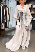 Street Style Graffiti Print Button Half Sleeve Blouse and Elastic Waist Pocket Wide Leg Pants Set
